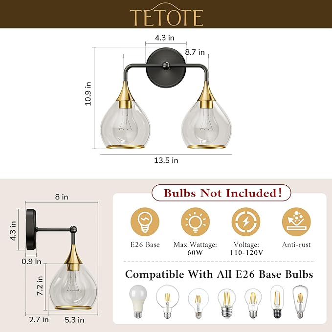 TETOTE 2-Light Modern Bathroom Light Fixtures, 2 Light Vanity Lights Over Mirror Black & Gold Wall Lamp with Clear Glass for Bathroom, Mirror, Living Room, Bedroom, Hallway