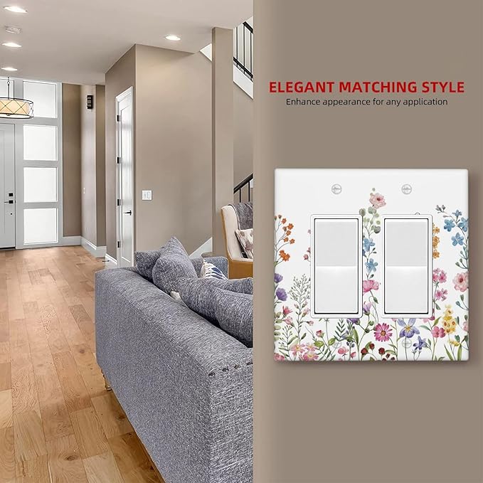 Rustic Wild Floral Vintage Watercolor Flower Double Rocker Light Switch Cover 2 Gang Wall Plate Covers Decorative Electrical GFCI Outlet Plates for Home Bathroom Kitchen Decor