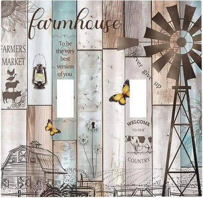 Rustic Western Farmhouse Windmill 2 Gang Light Switch Plate Cover Vintage Barn Wooden Plank Inspirational Quote Double Toggle Wall Plate Decorative Switchplate Electrical Faceplate