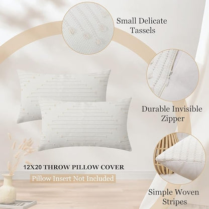 Mecatny Boho Outdoor Throw Pillow Covers 12X20 Set of 2, Farmhouse Lumbar Pillow Covers for Couch Sofa Living Room, Beige & Cream White