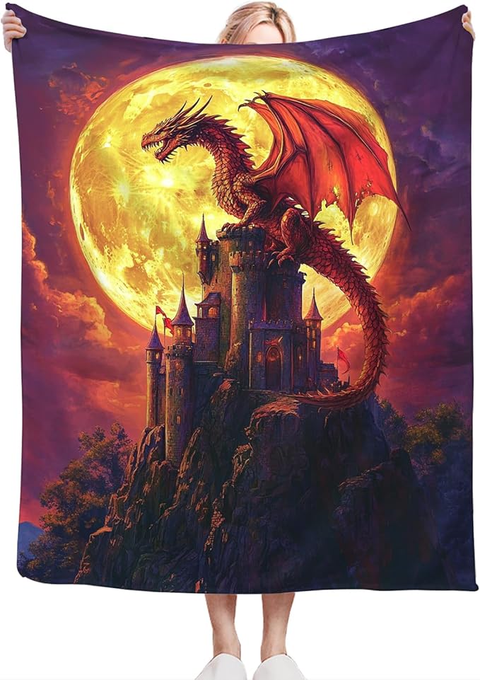 Dragon Blanket, Full Moon Throw Blankets, Dragons Space Fuzzy Plush Blanket Ultra Soft for Dragon Lover Gift Kids Teens Women Men Girls Boys Stuff Decor for Bedding Sofas Couch 50"X40"