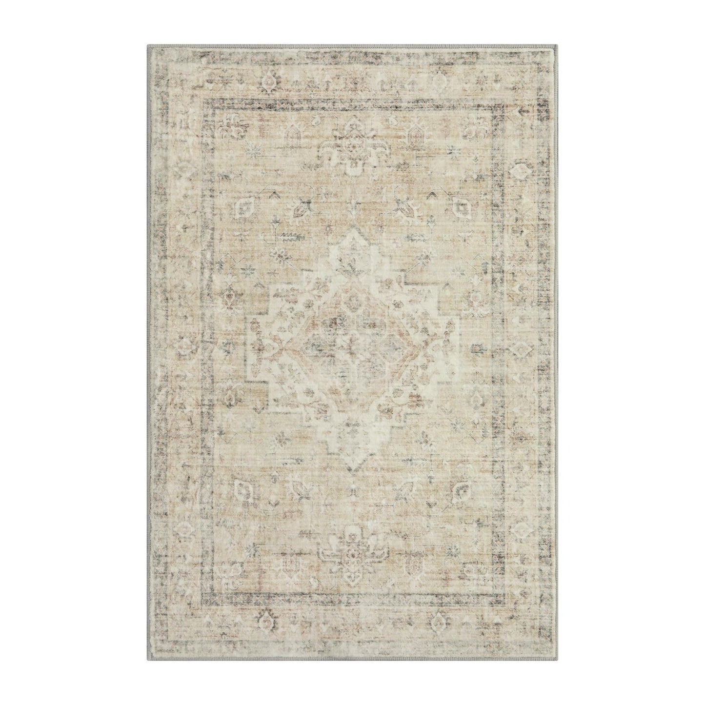 LIVEBOX Washable Rug 2x3 Kitchen Mats for Floor Entryway, Non Slip Front Door Mat for Bathroom Hallway, Boho Low-Pile Small Carpet Farmhouse Throw Indoor Rugs for Bath Sink, Tan