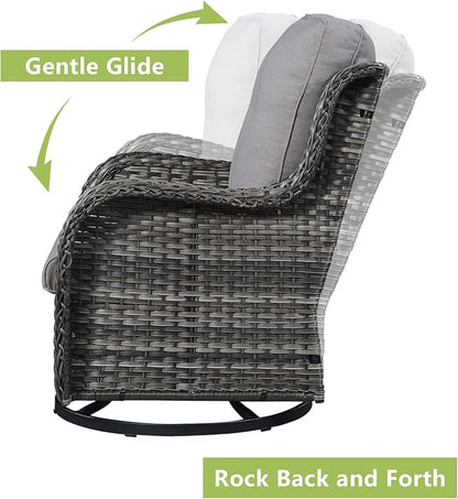 Rilyson Wicker Rocking Chair Swivel Chairs – 6 Piece Rocker Patio Furniture Set Rattan Rocking Bistro Sets with Glass Top Side Table for Outdoor Porch Deck Garden Backyard(Mixed Grey/Grey)