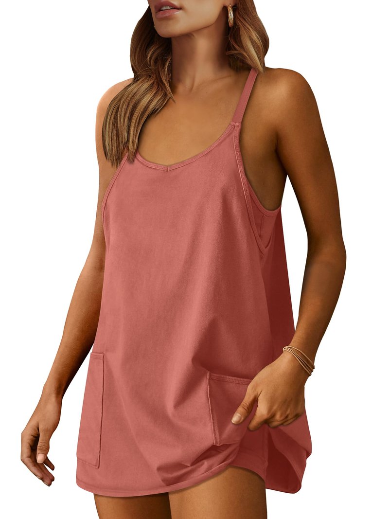 ANRABESS Women Athletic Dress Summer Tennis Workout Active Sports Mini Romper Dress Built in Shorts Travel Vacation Clothes Rust X-Large