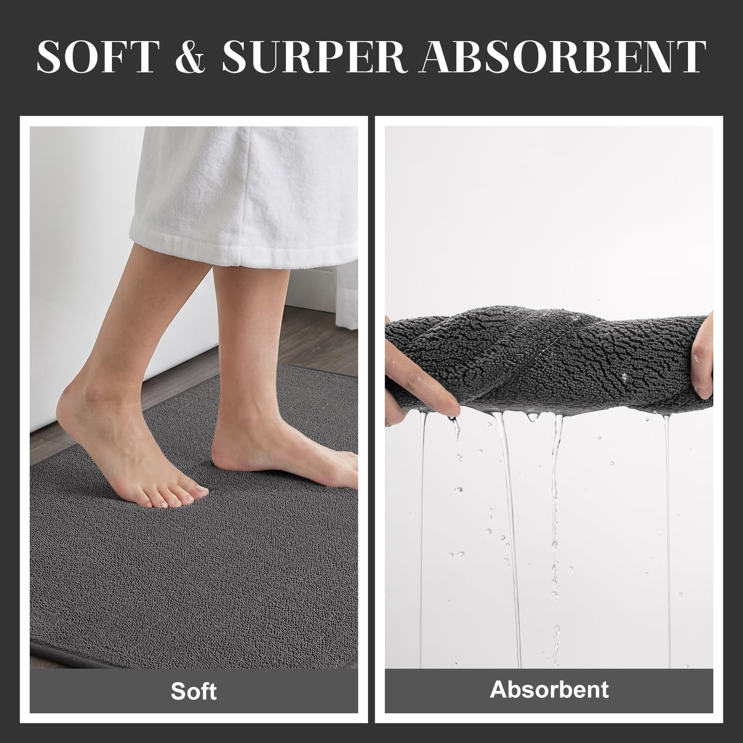 MontVoo Quick Dry Bath Mat,Thin Low-Profile Bathroom Rug, Absorbent Bath Mats for Floor with Non-Slip Backing, Machine Washable Bath Rug for Shower, Bathtub, Sink, Darkgrey, 17x24