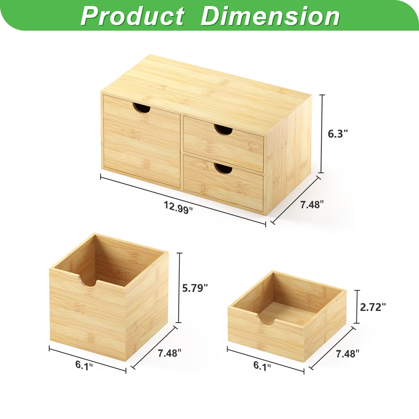 Wisuce Desk Organizer with Drawers - Bamboo Desktop Organizer Storage | White-Natural Wood Desk Drawers Organizer for Bills, Office Supplies, Cosmetics, Seals No Assembly Required(3 drawers edge-free)