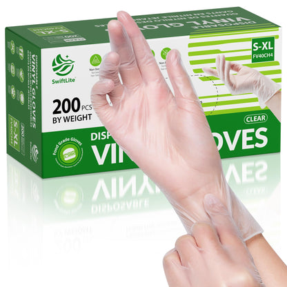 SWIFTLITE Disposable Vinyl Gloves, Food Safe, Latex-Free Powder-Free Clear Plastic Gloves for Cooking, House Clean, Food Prep (200, Medium)