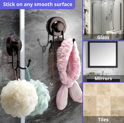 HOME SO Suction Cup Hooks for Shower & Bathroom Towel Holder 2-Pack – Suction Cups Hooks for Hanging Towels, Robes, & Coats - Tiles, Glass Door or Mirror – Shower and Towel Hooks - Bronze, Stainless