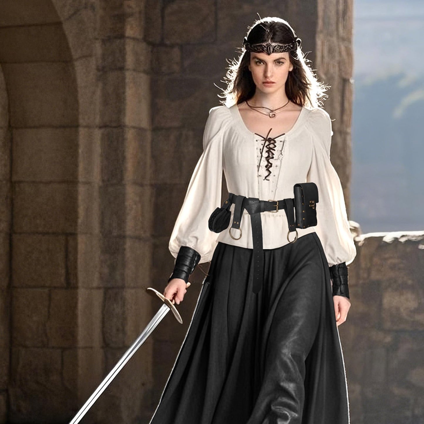 Renaissance Belt Pouch Medieval Viking Pirate Leather Bag Potion Bottle Set Skirt Hike Halloween Cosplay Costume Accessorie(Black, Belt Pouch)