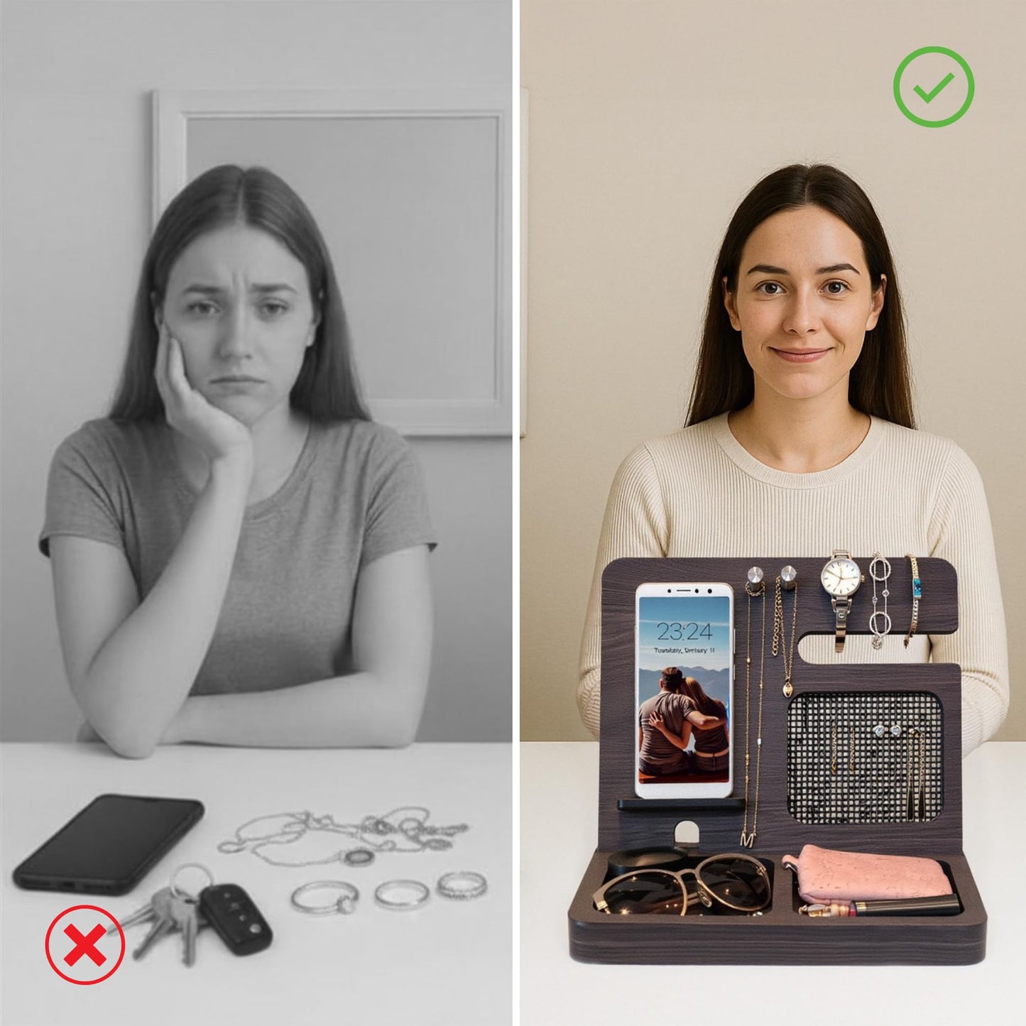 Namore Nightstand Organizer for Women – Wood Phone Docking Station & Jewelry Valet Tray for Phone, Earrings, Wallet & Keys – Unique Gifts for Women, Wife, Mom