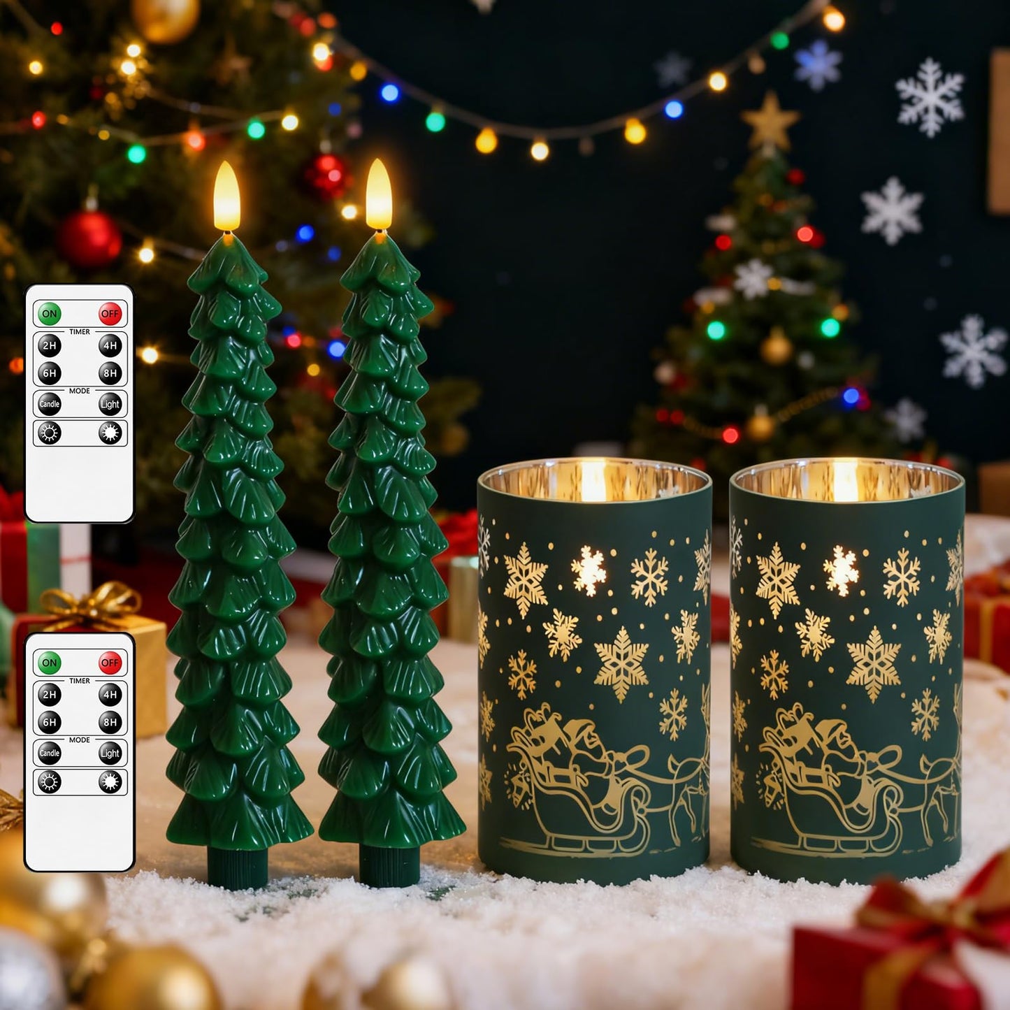 Lezonic Christmas Flameless Candles with Remote, Green Christmas Tree Flickering Battery Operated Window Candlesticks, Glass Flameless Xmas New Year Decorations Gifts, Set of 4 Real Wax LED Candles