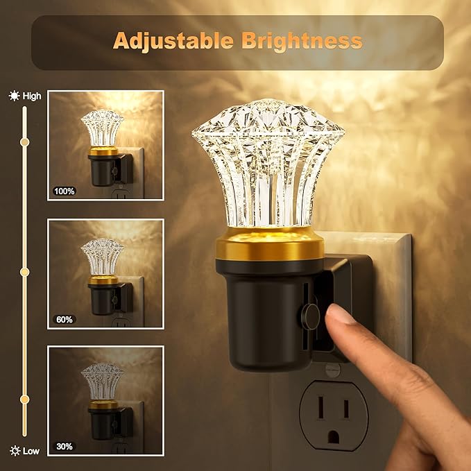 JandCase Night Lights Plug into Wall, 2 Pack Dimmable Night Light Pulg in, Diamond Automatic Night Lights with Auto Light Sensor, Adjustable Brightness 3000K LED Night Light, for Bedroom Hallway