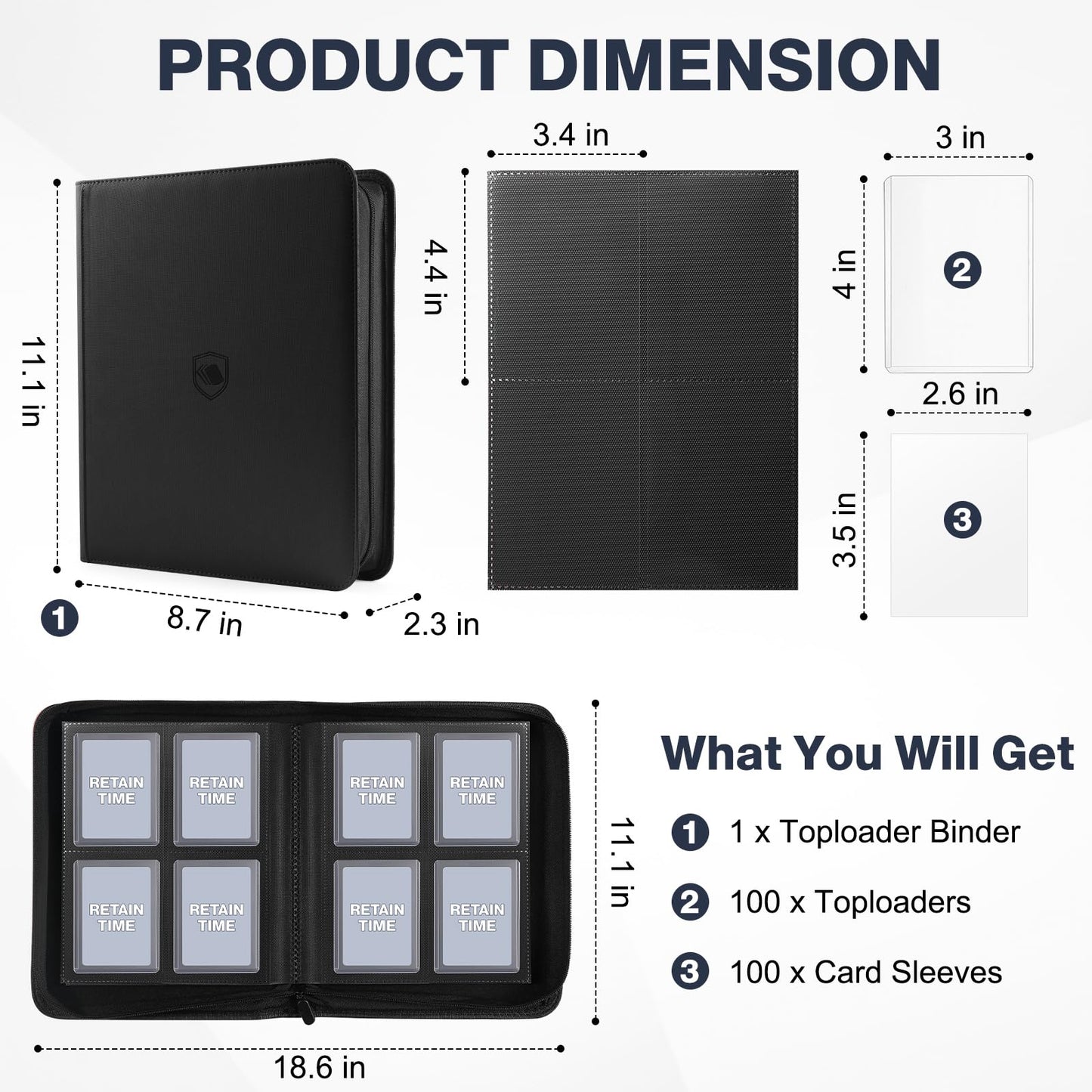 Toploader Binder, Holds 160 Toploaders, 100 Toploaders INCLUDED, 4-Pocket PU Cover Top Loader Binder for 3" x 4" Rigid Toploader, Ringless Double-Sided Toploader Card Binder for TCG, Sport Cards