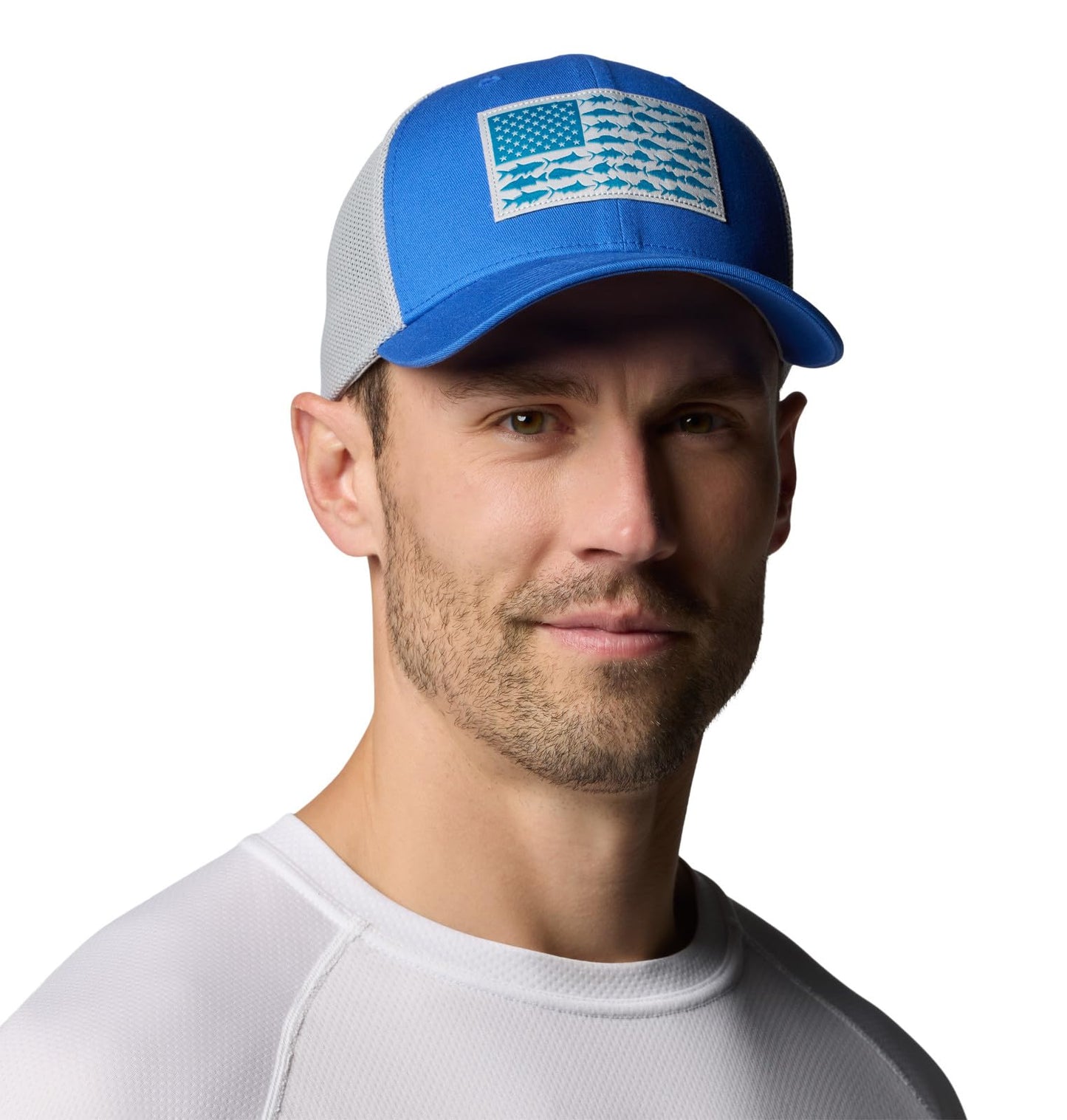 Columbia Unisex PFG Fish Flag Mesh Ball Cap, Vivid Blue/Cool Grey/US Fish Flag, Small/Medium