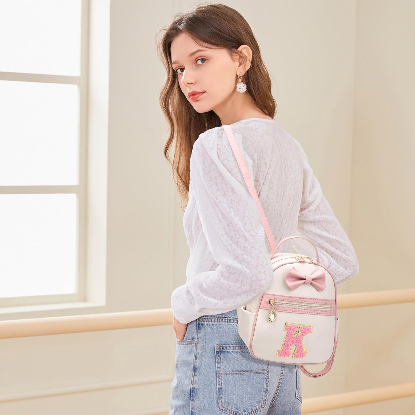 I IHAYNER Girls Initial Bowknot Small Leather Backpack Cute Mini Backpack Personalized Trendy Stuff Gifts for Women Pink-K