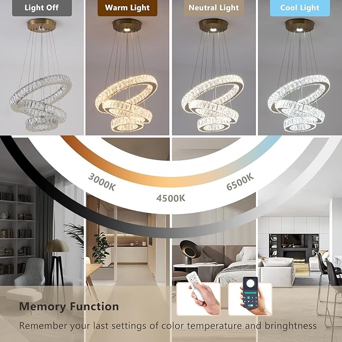 FRIXCHUR Dimmable Modern LED Chandelier 3 Ring Pendant Light Crystal Chandelier for Dining Room Living Room Bedroom,3 Colors Adjustable