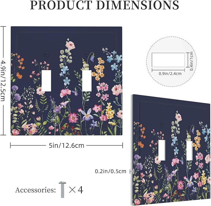 Rustic Wild Floral Darkground Vintage Watercolor Flower Double Toggle Light Switch Covers Decorative 2 Gang Wall Plate Dual Electrical Faceplate Switchplate for Kitchen Decor
