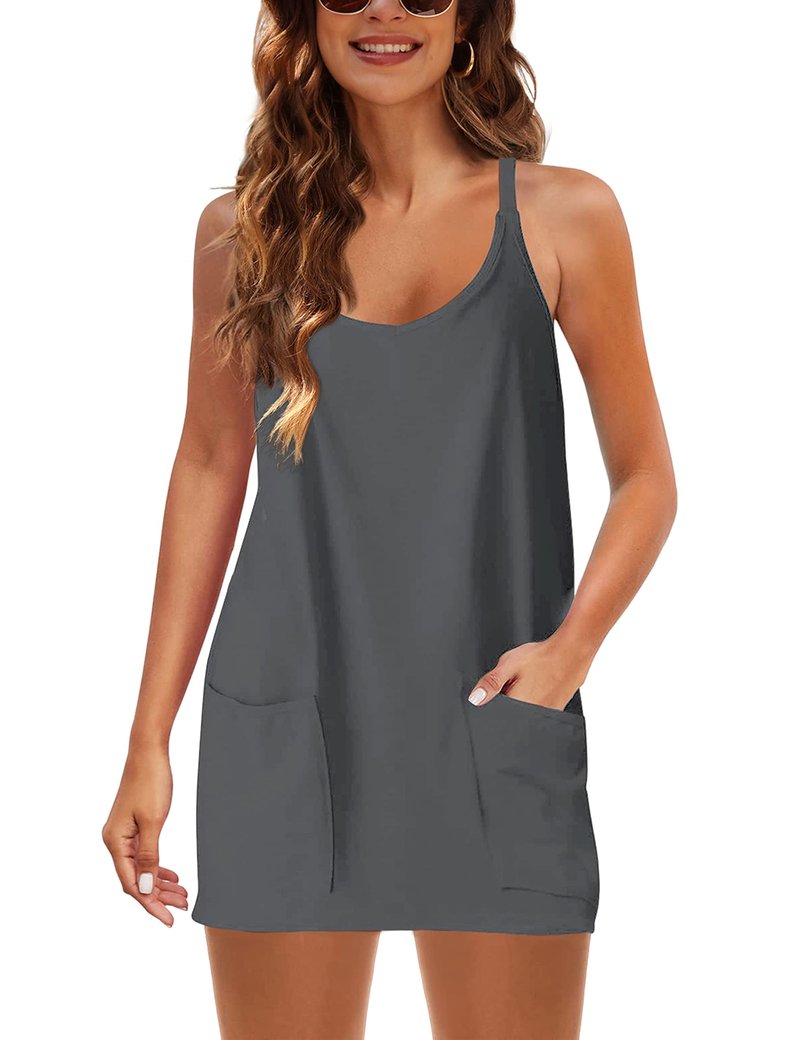 Lentta Womens Athletic Sleeveless Mini Dress with Built-in Shorts V Neck Spaghetti Strap Sundress(Darkgrey-XS)