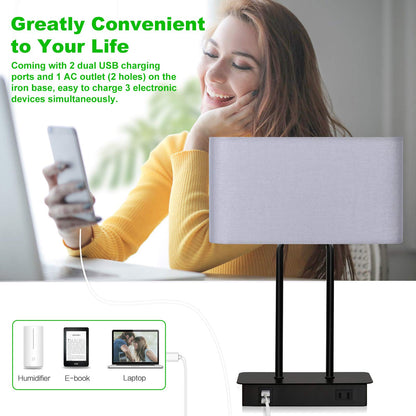 Lakumu Bedside Touch Control Table Lamps with Dual USB Charging Ports 1 AC Outlet, 3 Way Dimmable Modern Nightstand Lamp with Grey Fabric Shade, Desk Lamp for Bedroom Living Room with 5000K LED Bulb
