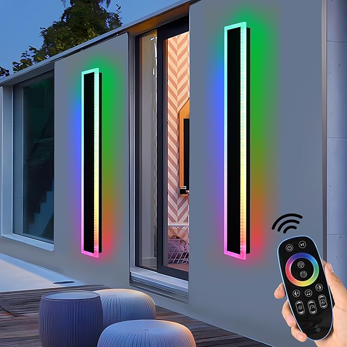 MELUCEE 2 Pack Outdoor RGB Long Wall Lights, 48 Inch Wall Lights RGB/Warm/White Dimmable Modern Led Wall Lighting, IP65 Waterproof Wall Sconce with Remote Control for Outdoor/Indoor Party Gathering