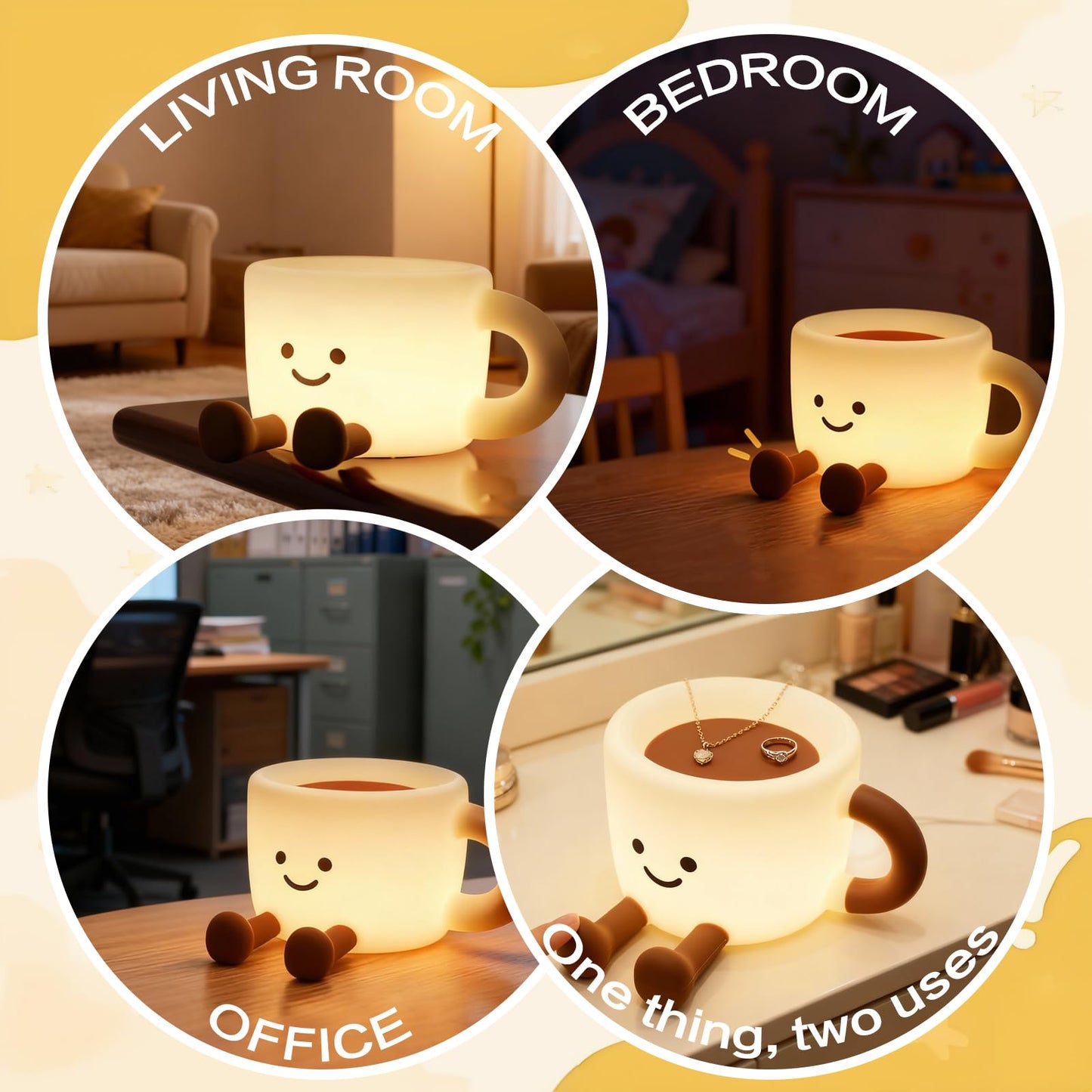Yesinaly Coffee Cup Night Light - 7 Color Changing Dimmable Warm Light, Touch Control Bedside Lamp with Timer, Rechargeable Portable Mood Light for Nursery, Bedroom, Gift