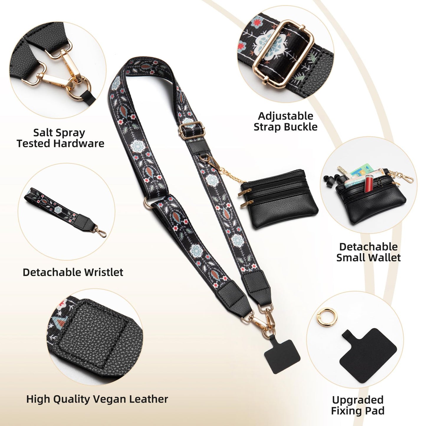 CUEDM Cell Phone Lanyard Crossbody,Adjustable Cell Phone Strap with Detachable Wristlet for Hands-Free Occasions,Clip and Go Strap for Phone with Wallet Crossbody