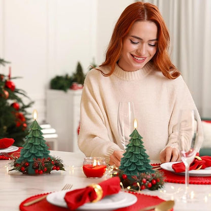Christmas Tree Shaped LED Candles with 6H Timer, 2 Pcs Flameless Pillar Candles Flickering, Battery Operated LED Candle with 3D Flame Wick, Green Candles for Home Décor Christmas Gifts