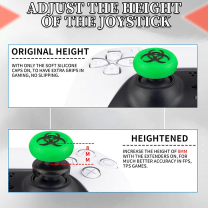Playrealm FPS Thumbstick Extender & 3D Texture Rubber Silicone Grip Cover 2 Sets for PS5 Dualsenese & PS4 Controller (BioH Green)
