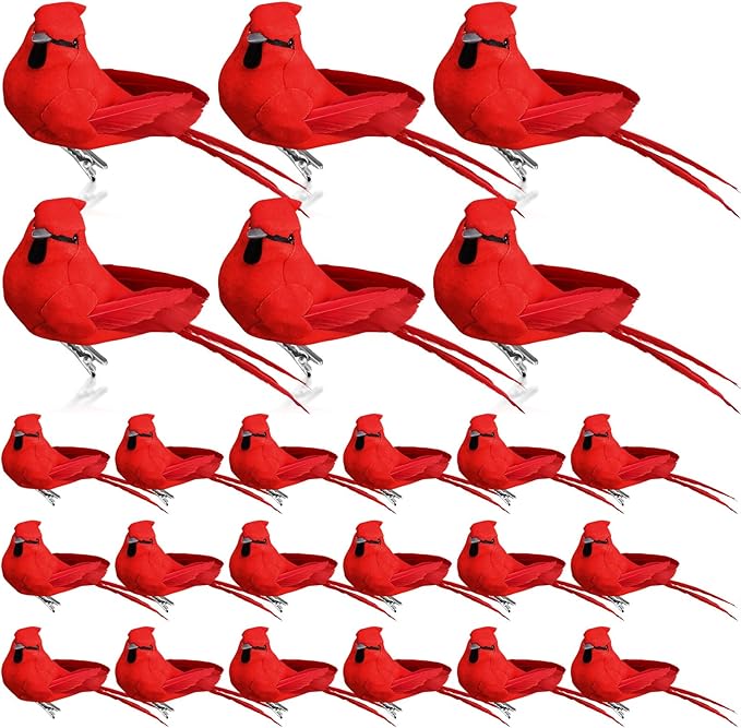 24 Pieces Red Cardinal Ornaments 3.9 Inch Cardinal Clip Artificial Birds Bulk Decorative Realistic Birds for Christmas Tree Decoration Arts Wreaths Craft Seasonal Displays