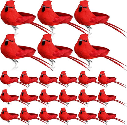 24 Pieces Red Cardinal Ornaments 3.9 Inch Cardinal Clip Artificial Birds Bulk Decorative Realistic Birds for Christmas Tree Decoration Arts Wreaths Craft Seasonal Displays