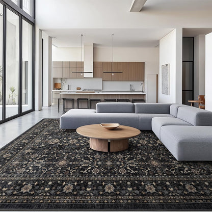Ruaruarug Washable Area Rug 10x14 for Living Room, Bedroom, Ultra Soft Non Slip Stain & Fade Resistant, Pet & Kids Friendly, Suitable for High Traffic Areas Easy to Clean for Kitchen, Black Grey