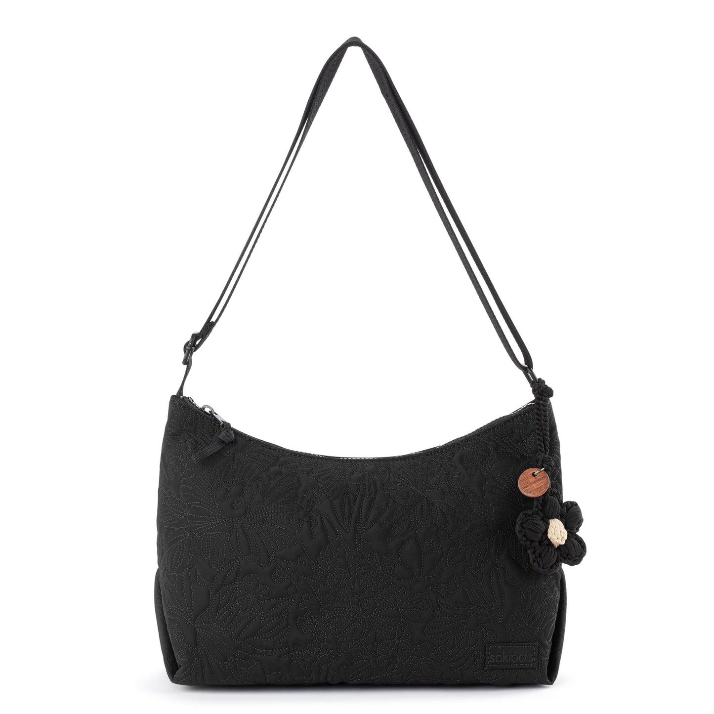Sakroots Banyan Hobo – Shoulder bag with Zipper Closure, Back Zipper Pocket, detachable key dangle. Lightweight Travel, Work, or Everyday Hobo for Women - Black Flower Blossom Quilt