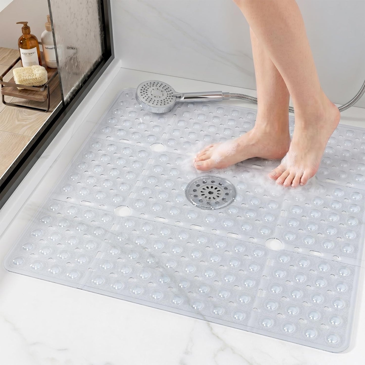 HITSLAM Square Shower Mat 27x27 Inch, Extra Large Non Slip Shower Mats for Inside Shower Stall, Anti Slip Bath Floor Mat with Strong Suction Cups & Drain Holes, Machine Washable, Clear