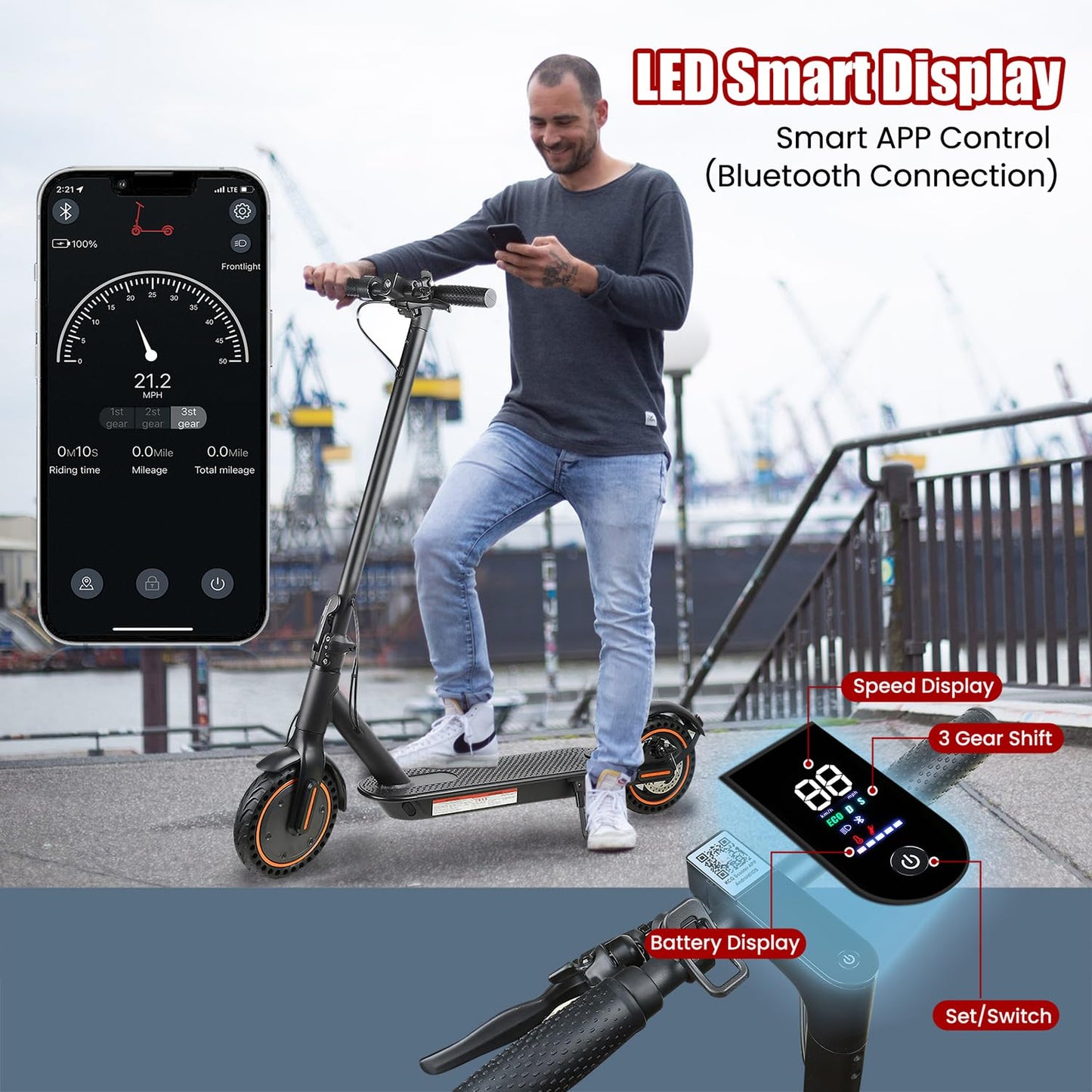 Electric Scooter, 8.5" Solid Tires E Scooter for Adult, Peak 500W Motor, Up to 19MPH /19-21Miles Commuter Escooter, with Smart APP and Cruise Control Portable Scooter Electric