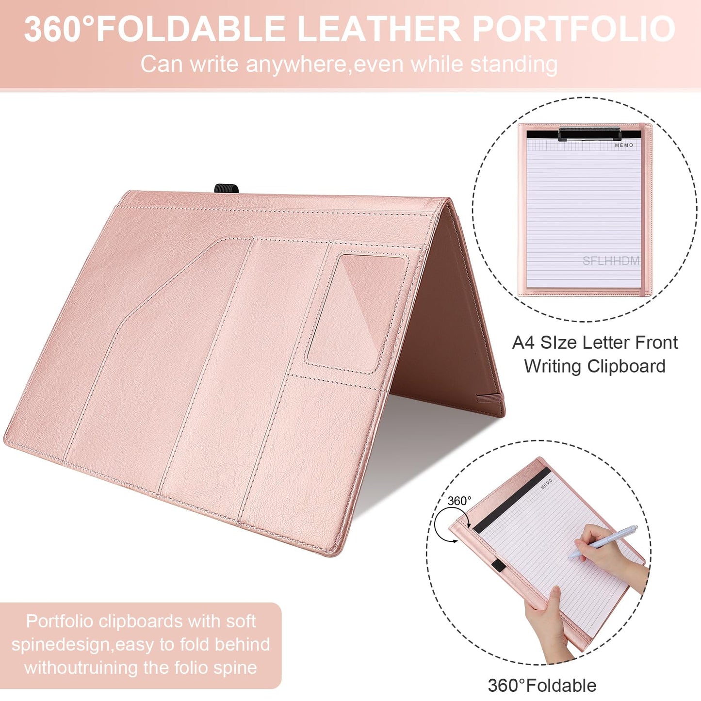 Clipboard Padfolio with Storage Pocket, Clipboard Folder Portfolio Organizer, 360 Degree Foldable Clipboards with Refillable Notepad,Faux Leather Padfolio Organizer for Office School Supplies-Pink