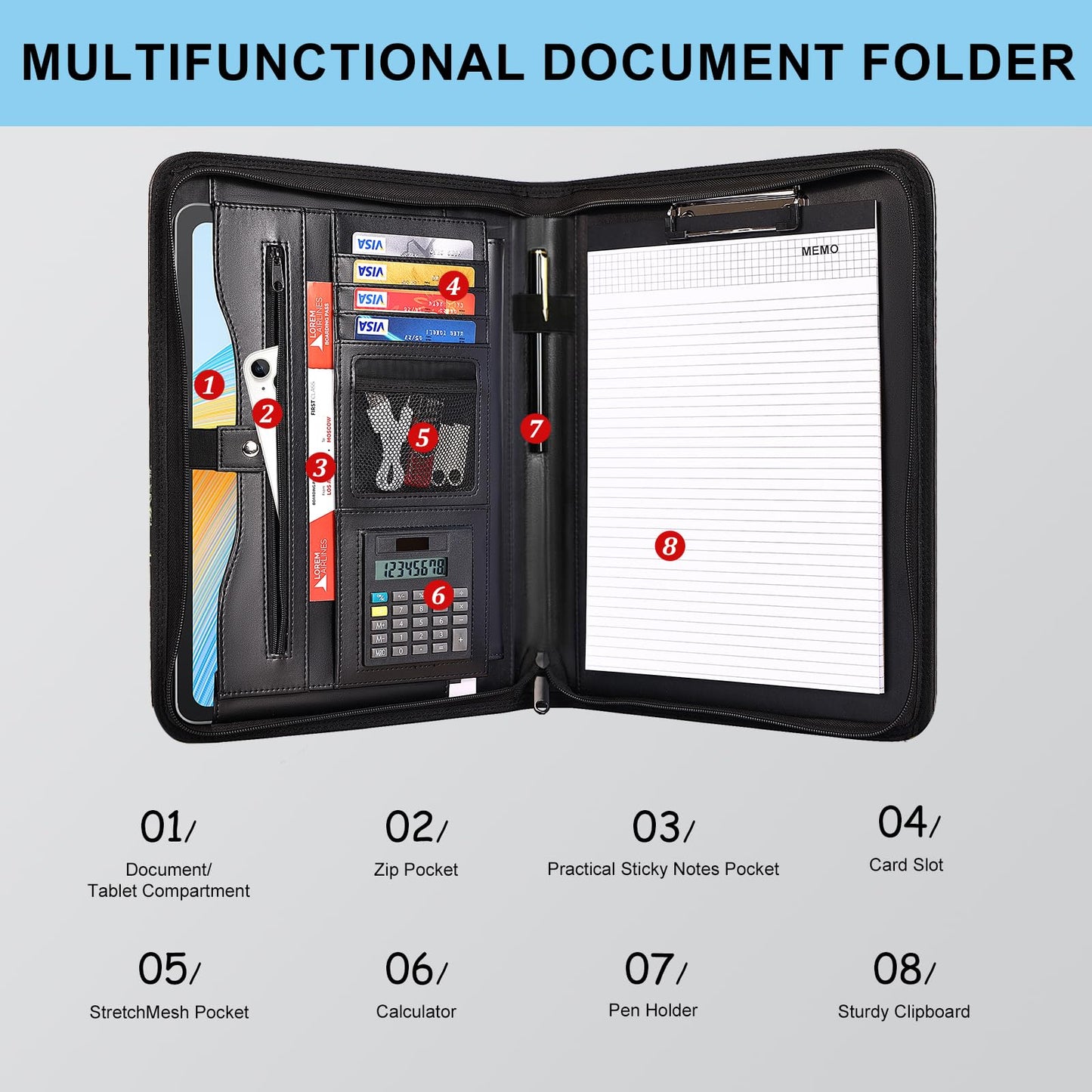 Eshow Padfolio for Men Women, Leather Portfolio with Zipper – Professional Interview Resume Organizer with Card Holder, Writing Pad & File Folders for Business, Lawyer, Student