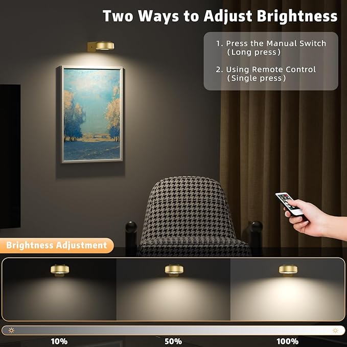 3PCS Picture Lights, Rechargeable Battery Wall Light for Paintings, 3 Colors Paintings Light Dimmable and Timer Metal Art Light for Display, Wall, Artwork, Gallery (Gold)