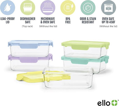 Ello Color Lock Glass Meal Prep Sets Leak-Proof Glass Food Storage Containers with Airtight BPA-Free Plastic Lids, Dishwasher, Microwave, and Freezer Safe