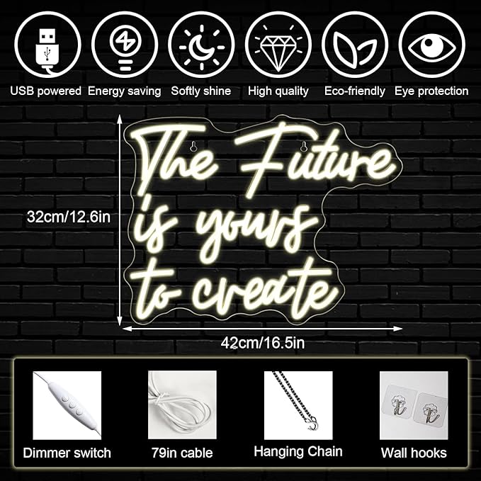 Horseneon The Future is Yours to Create Neon Led Sign, Letters Neon Signs for Wall Decor, Warm White Neon Light Sign with USB Powered for Bedroom, Windows, Living Room, Office, Children's Room
