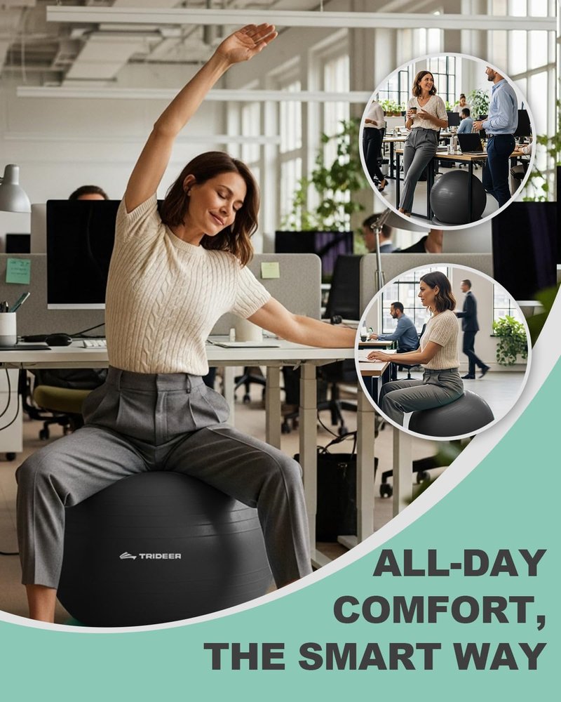 Trideer Yoga Ball Chair with Base for Office Desk, Exercise & Stability Ball Seat, Pilates Ball for Core Training, Pregnancy Ball for Comfort, Back Pain Relief & Active Sitting