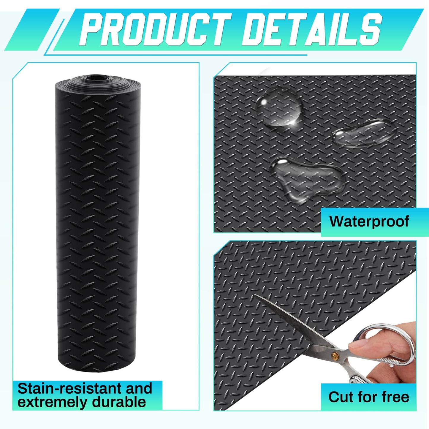 Breling 12 in x 20 ft Rubber Flooring Rolls Mats, Heavy Duty Diamond Plate Garage Floor Mat, PVC Water/Stain Outside Resistant Parking Rv Trailer Flooring (Black)