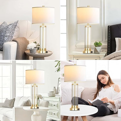 QiMH Touch Control Table Lamp Set of 2 with USB Ports, 3-Way Dimmable Nightstand Lamp with Fabric Cream Shade, Modern Bedside Lamp for Living Room Bedroom Reading, LED Bulbs Included