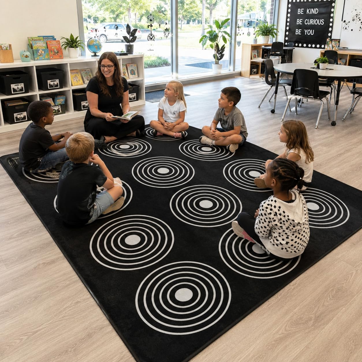 Kids Rug, Classroom Carpets Playmat Rugs - 5x7 Ft Kids Carpet with Rubber Backing, Circle Bullseye Abstract Children's Seating Rug Play Mat Nursery Rugs for Children Bedroom Playroom Elementary, Black