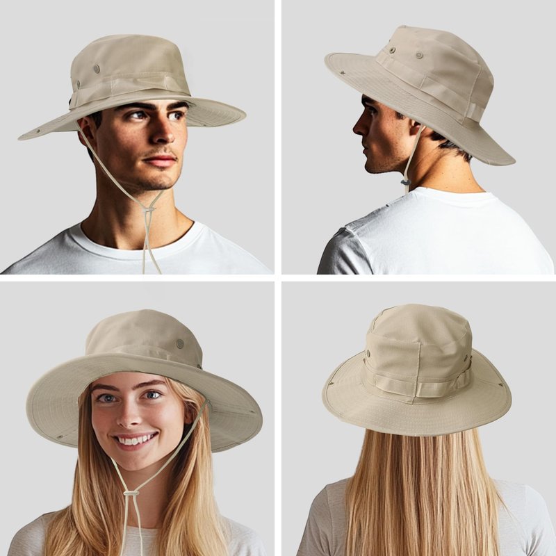 PFFY Sun Boonie Hats for Men UPF 50+ Bucket Hat for Fishing Hiking Safari Hunting Khaki（with Webbing