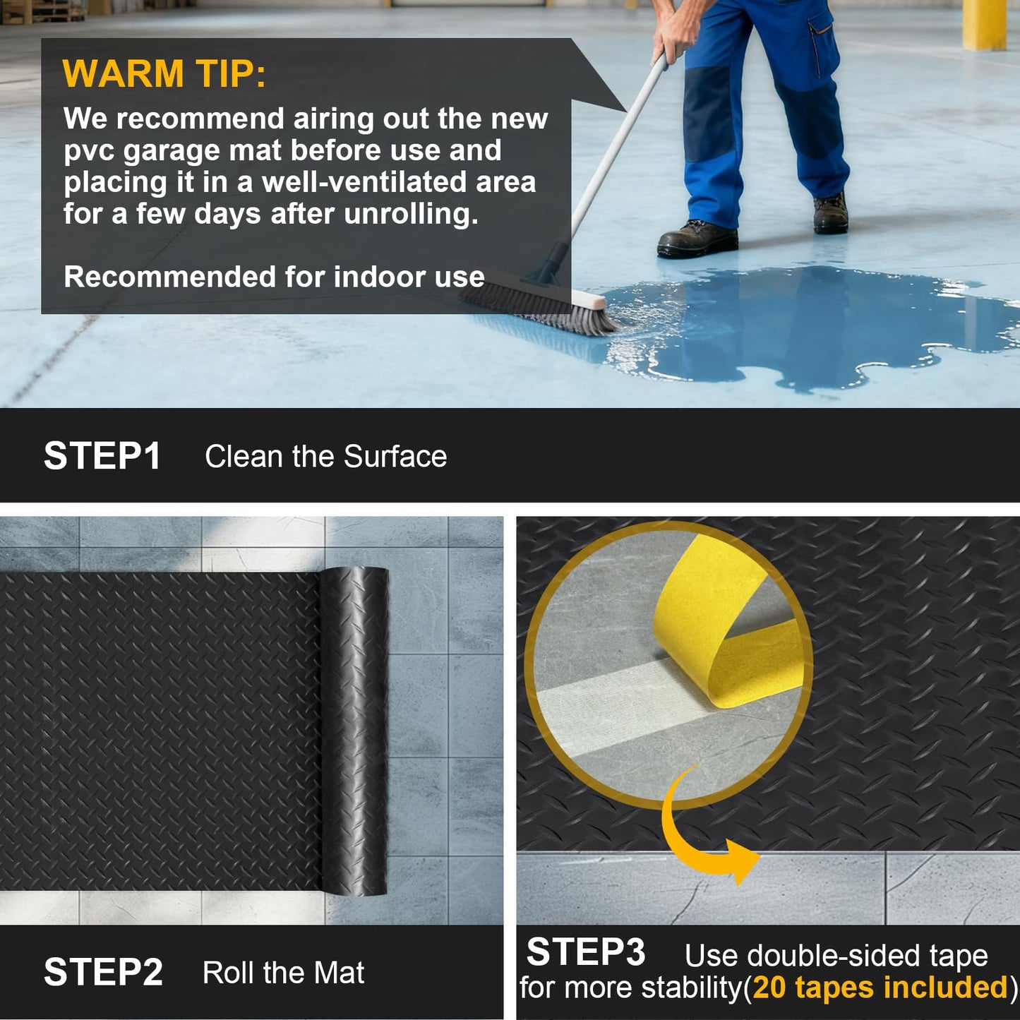 Grandroad auto 8x20 FT Garage Floor Mat, 2.8mm Thickened Flooring Roll for Under Car Diamond Plate PVC Rubber Mat with 20 Pcs Tapes, Non-Slip Floor Mat for Garage, Warehouse, Gyms, Trailer, Black
