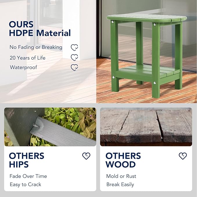 nalone Adirondack Side Table 16.5" Outdoor Side Table HDPE Plastic Double Adirondack End Table Small Table for Patio (Green)
