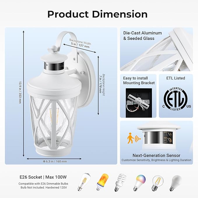 VIANIS Motion Sensor Outdoor Wall Light Fixtures, White Modern Front Porch Lights Wall Mount, Waterproof Anti-Rust Outdoor Lanterns Wall Sconce with Seeded Glass, Exterior Coach Light for Garage,Patio