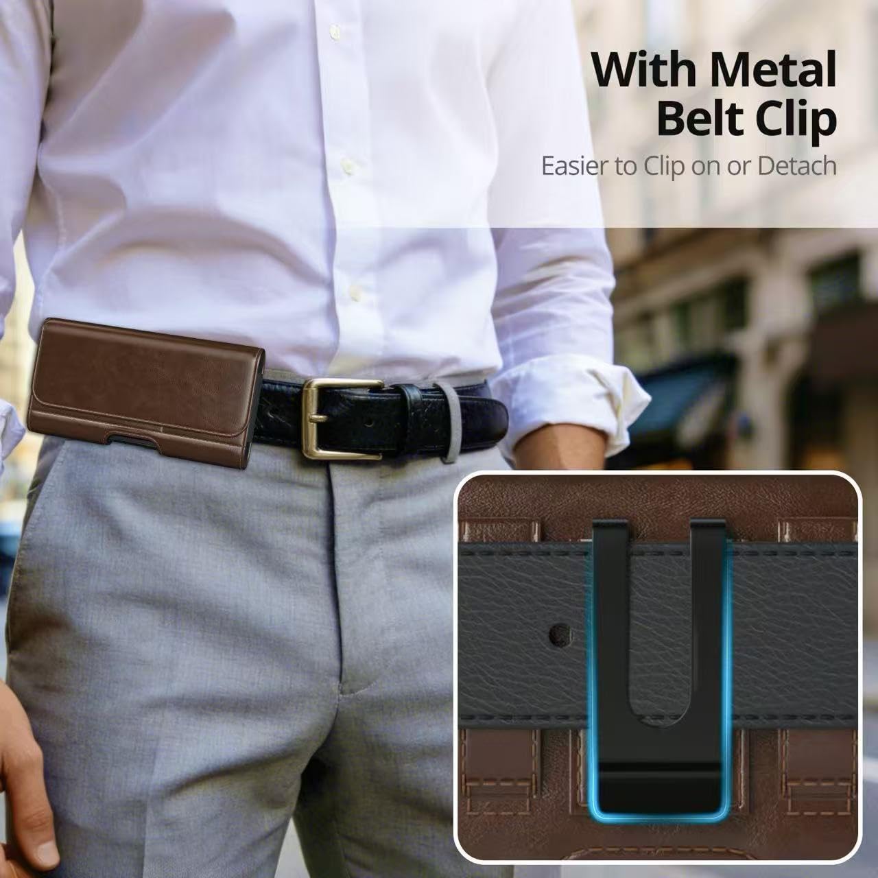 Magnetic Closure Holster for Motorola Edge, Motorola Moto G Power/G Play/Moto G/G36 G06 G57 Pure G05 G15 G100 (2026 2025 2024) - Leather Belt Case Premium Pouch (Fits Slim/Regular Case) (Coffee Brown)