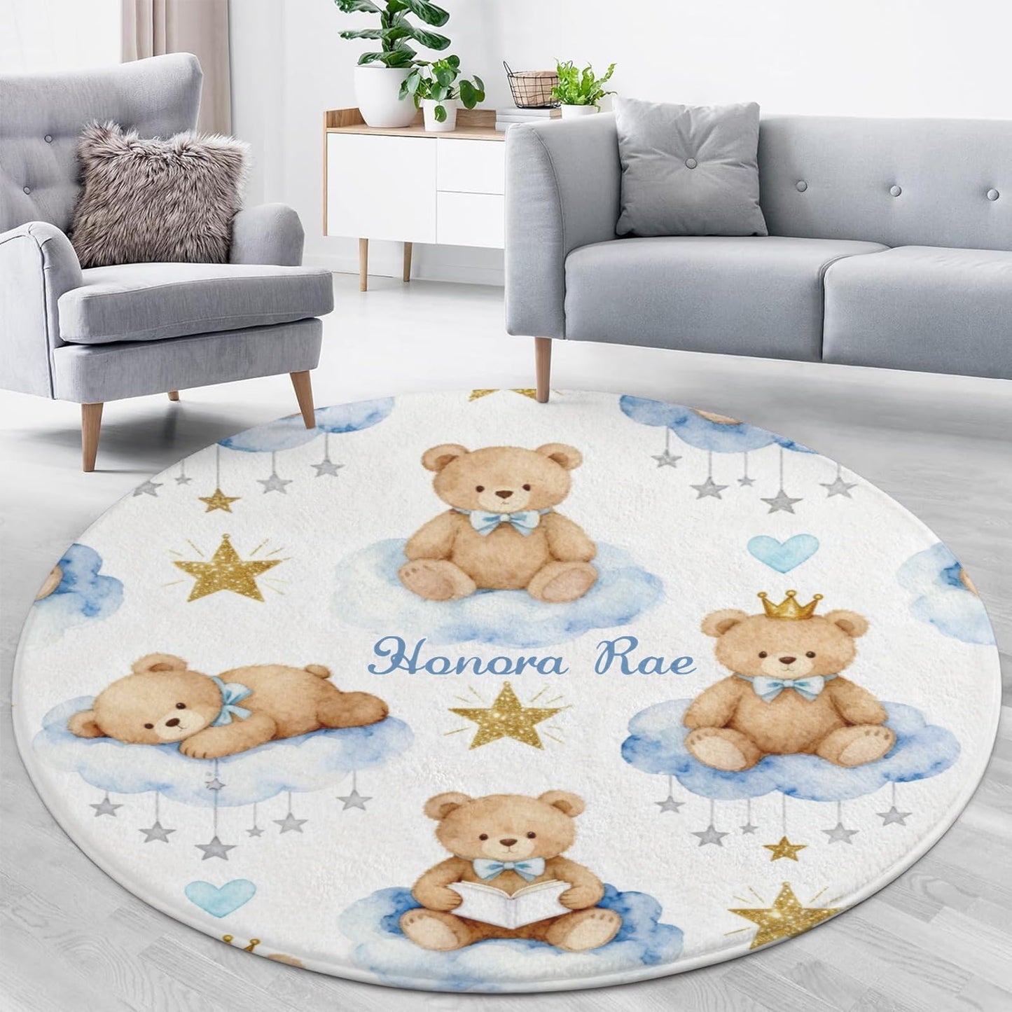 Joyestore Personalized Wise Bears Moon Clouds Stars Custom Round Area Rug Baby Crawling Floor Mats Gifts for Boys Girls Babies with Names Nursery Bedroom Living Room Decor