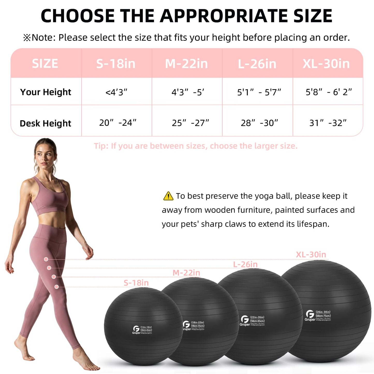 Gruper Exercise Ball, Extra Thick Yoga Ball for Working Out, Yoga & Pregnancy, 4 Sizes Anti-Burst Balance Ball with Foot Pump for Pilates, Physical Therapy & Fitness